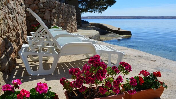 Outdoor seating with white plastic chairs and terracotta planters with pink flowers. - Apartment Maris (Karlobag)