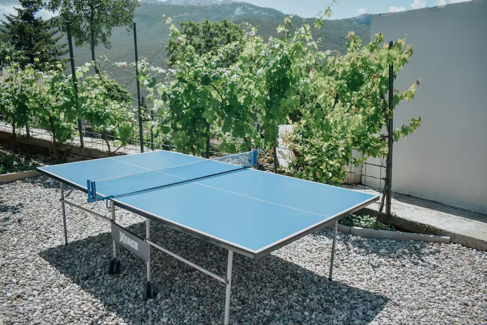 A ping pong table set up outdoors with a mountainous backdrop.