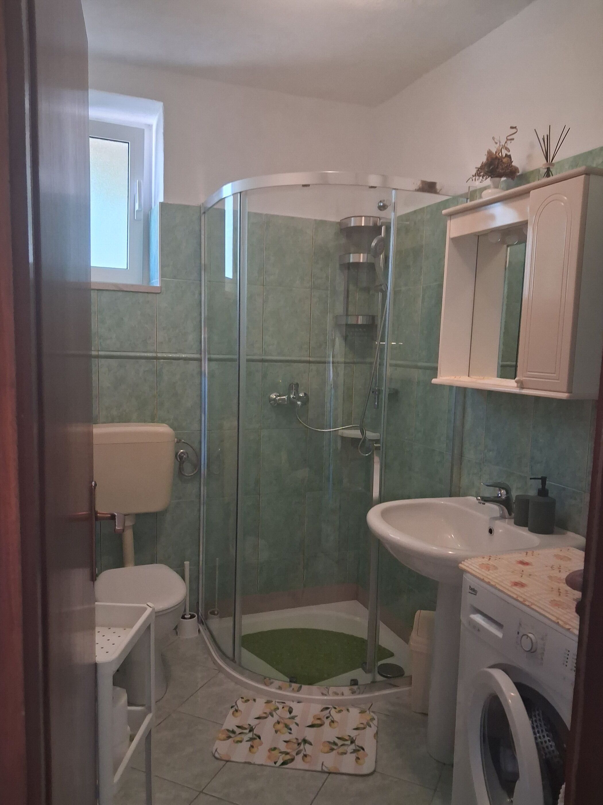 A bathroom with a glass-enclosed shower, a sink, a toilet, and a washing machine.