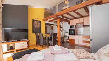 Apartment (A1) | Private kitchen | Fridge, microwave, stovetop, electric kettle