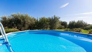 A clear blue swimming pool with a ladder on the left side, surrounded by lush greenery and trees. - Apartment Lili (Umag)