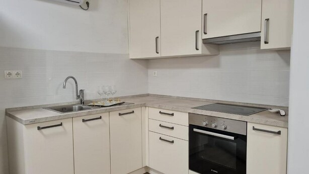 A modern kitchen with white cabinets, a stainless steel sink, a Bosch oven, and a built-in stove. - House Dalmatika Zaton (Nin)