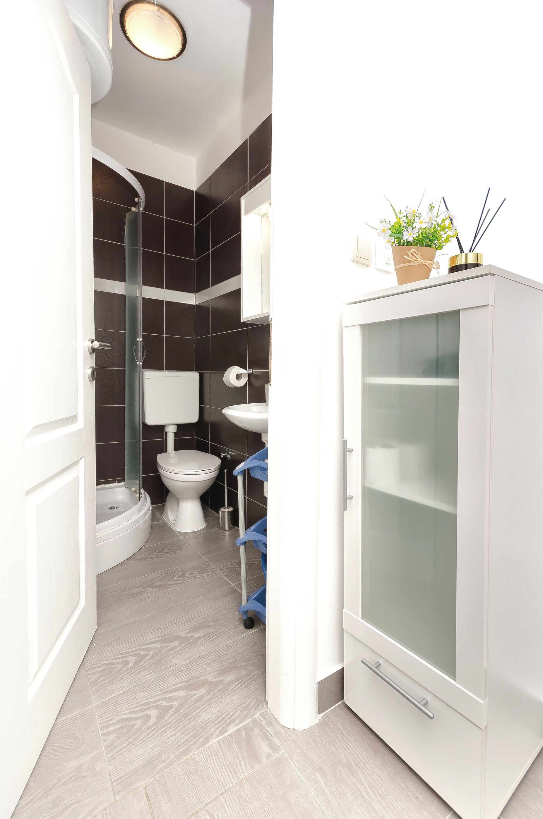 Un bagno moderno con il water, un lavandino e un armadietto.