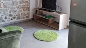 A living room with a stone wall, a flat-screen TV, wooden entertainment unit, and a green rug. - Apartments Studio Zaton (Nin)