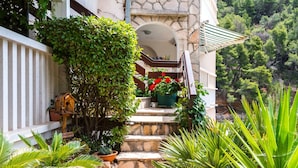 Una escalera de piedra que conduce a una puerta blanca, rodeada de abundante vegetación y plantas en macetas.