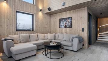 Tv, eldstad och kontor