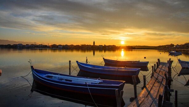 A calm waterfront with several boats docked at a wooden pier. - Apartments Lea Patrik Mara (Nin)