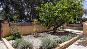 A garden with a tree, gravel, and plants. - Apartment Nikica (Supetar)