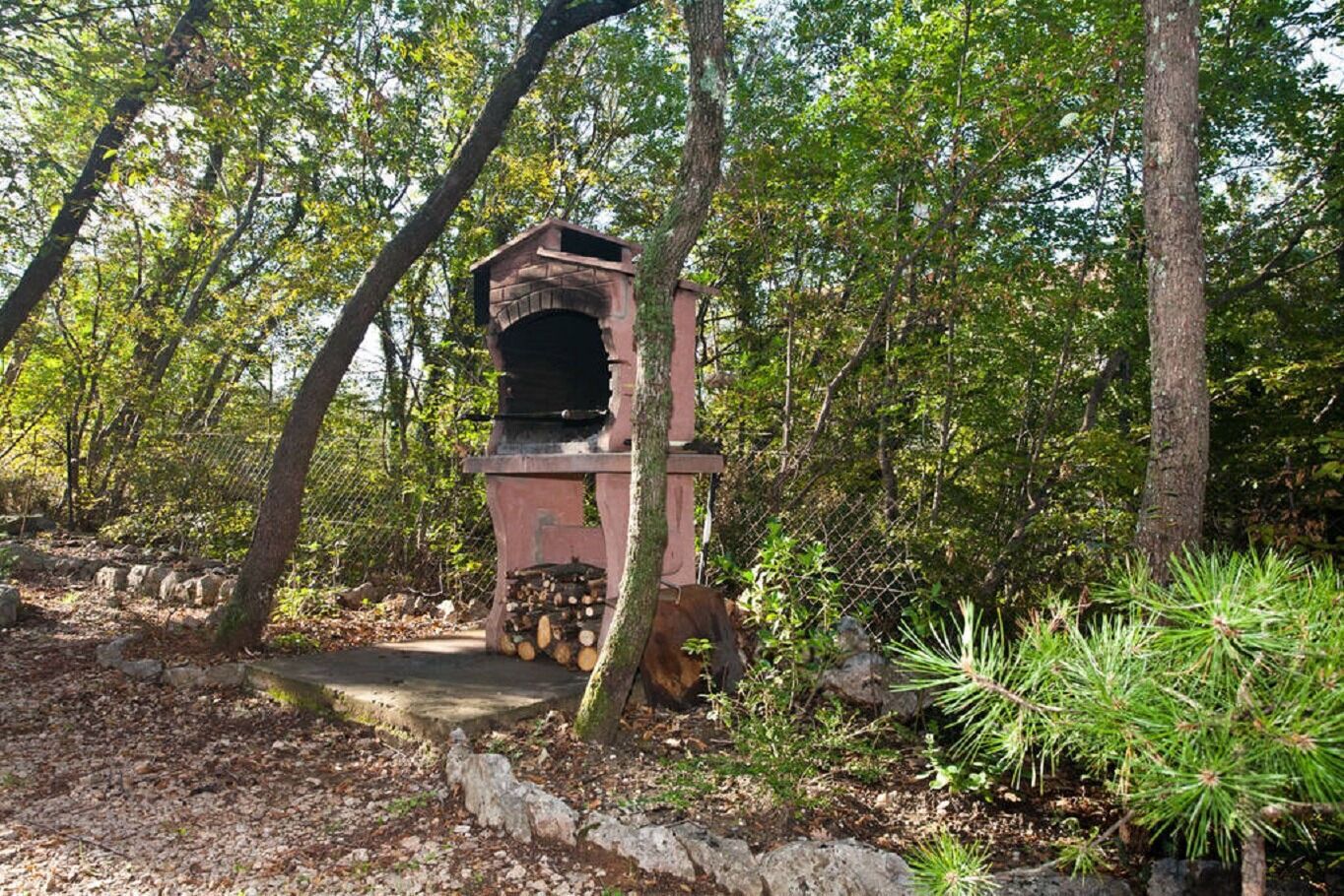 Una estructura rústica al aire libre con chimenea, rodeada de árboles y un sendero de piedra.