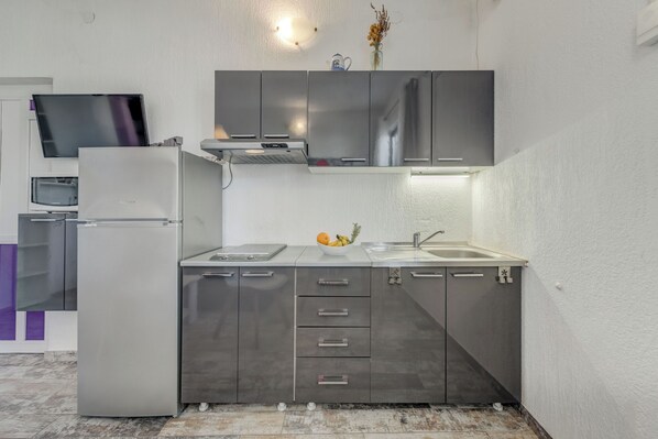 Apartment (A1) | Private kitchen | Fridge, microwave, oven, stovetop