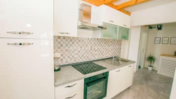 Apartment (A1) | Private kitchen | Fridge, microwave, oven, stovetop