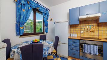Apartment (A1) | Private kitchen | Fridge, microwave, stovetop, cookware/dishes/utensils