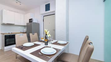 Apartment (A1) | Private kitchen | Fridge, microwave, oven, stovetop