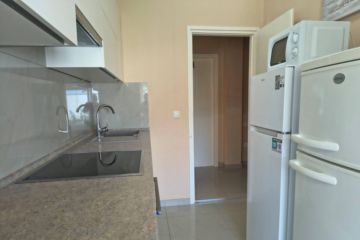 A kitchen with a built-in microwave, a stainless steel sink, and a white refrigerator.