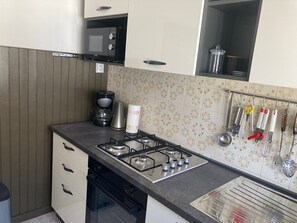 Apartment (A1) | Eigene Küche | Kühlschrank, Mikrowelle, Ofen, Herdplatte