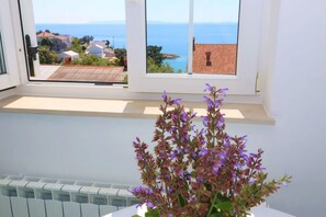 A room with a view of the sea and houses, a radiator, and a window sill with a plant. - Apartments Vacation Jakisnica (Novalja)