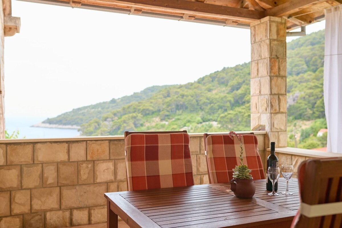 Ein Holztisch mit zwei Stühlen, einem Topfpflanzen, einer Weinflasche und einem Weinglas auf einem Balkon mit einer Steinmauer und Blick auf einen grünen Hügel und das Meer.
