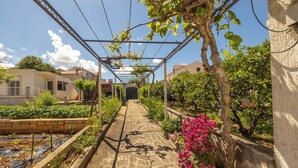 A stone pathway leading through a garden with a pergola overhead, surrounded by greenery and flowering plants. - Apartment Vinka (Supetar)