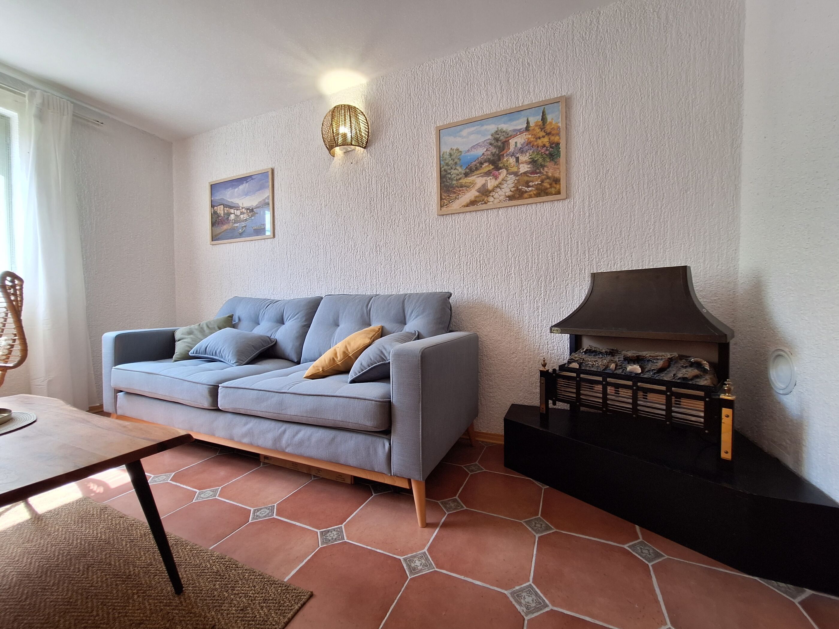 A living room with a grey sofa, a black fireplace, and two framed paintings on the wall.