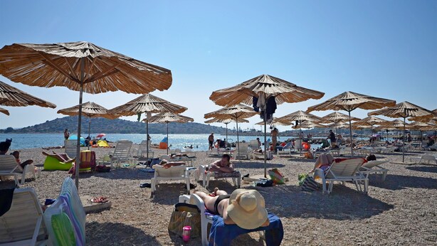 A beach with sun loungers, umbrellas, and a clear view of the sea. - Apartments Quokka (Tribunj)