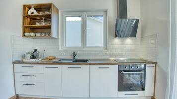 Apartment (A2) | Private kitchen | Fridge, microwave, oven, stovetop