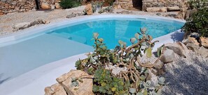 Une piscine entourée de rochers et de plantes.