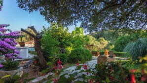 A garden with various plants, a pergola, and a stone pathway. - House Garden House (Rab)