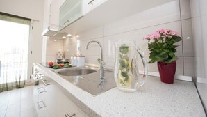 A modern kitchen with a stainless steel sink, a glass pitcher, and a potted plant. - Apartments Family Spacious (Split)