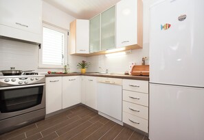 Apartment (A1) | Private kitchen | Fridge, microwave, oven, stovetop - Apartments Family Spacious (Split)