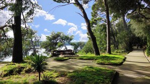 A paved pathway leading to a bench overlooking a body of water, surrounded by trees and greenery. - Apartment Ribaric (Rab)