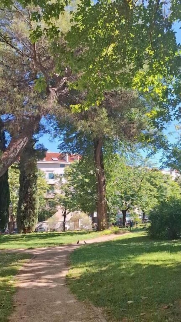 A pathway leading through a park with trees and a building in the background. - Apartment Vesna (Split)