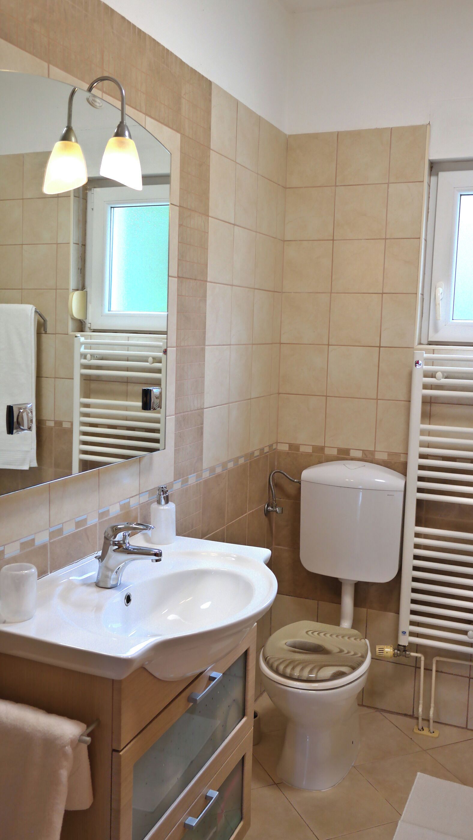 A bathroom with a white sink, a mirror, a toilet, and a towel rack.