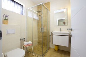 Apartment (A1) | Badezimmer | Dusche, Handtücher, Toilettenpapier