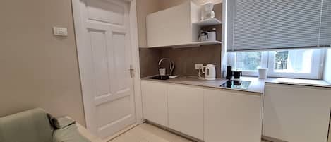 Appartement (A1) | Cuisine privée | Réfrigérateur, four à micro-ondes, surface de cuisson, lave-vaisselle