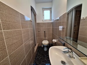 Un bagno piccolo con pareti rivestite di piastrelle marroni, un water bianco, una cabina doccia in vetro e un lavandino bianco con rubinetto cromato.