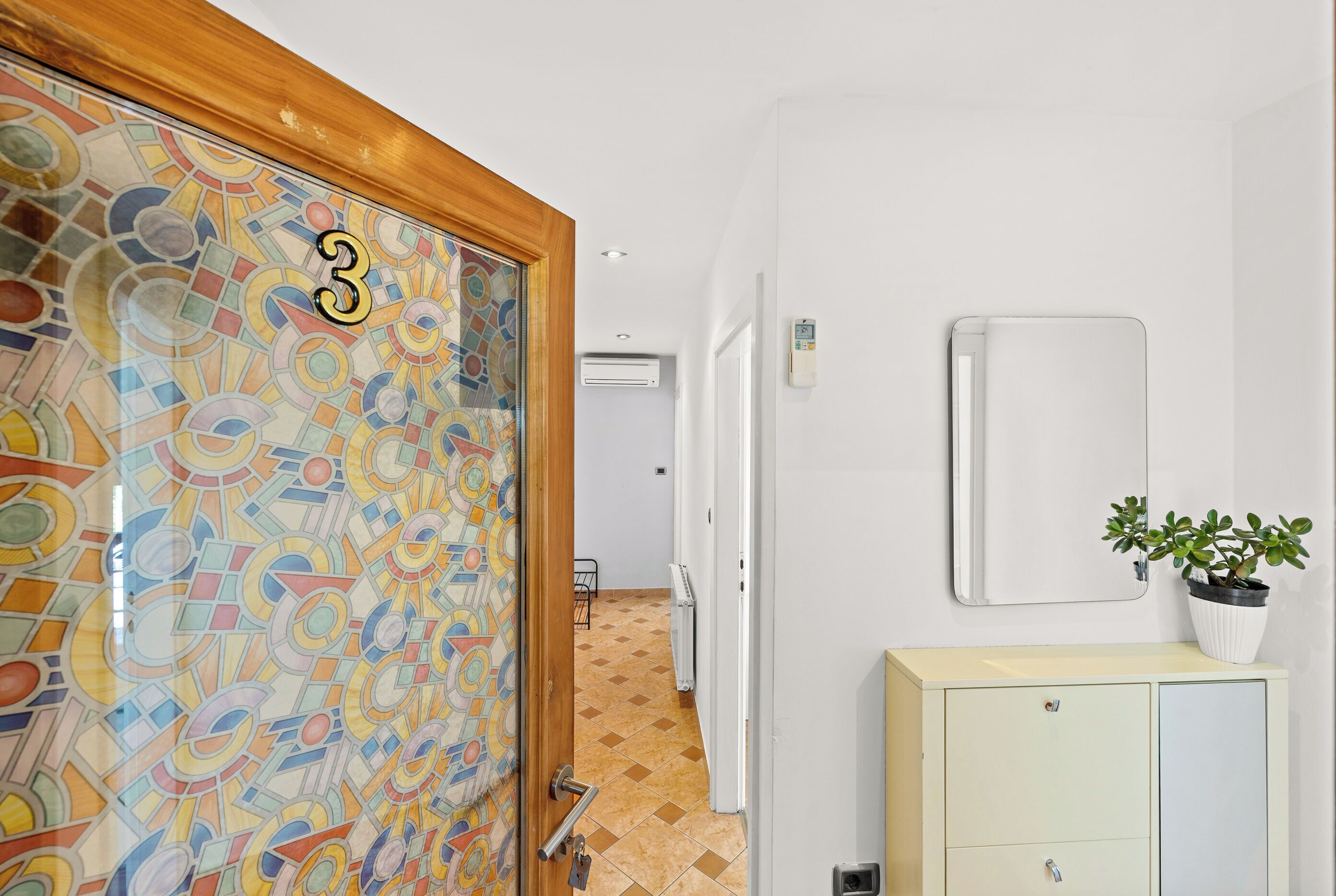 Un couloir avec une porte en verre décorée, un radiateur, une plante en pot et un meuble.