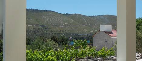A balcony with a view of a vineyard and a stone building in the distance.