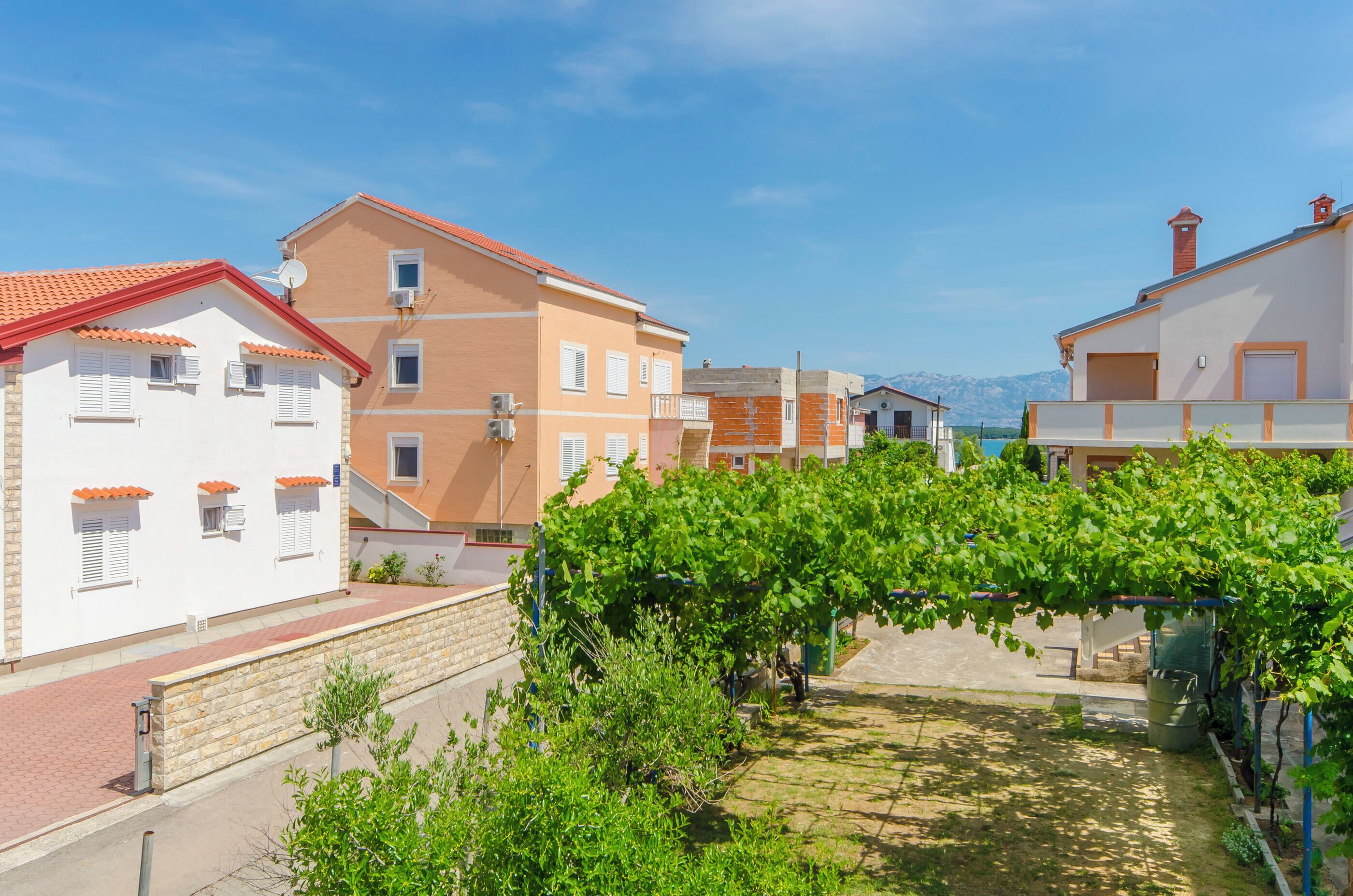Un quartier résidentiel avec des immeubles, un jardin planté de vignes et un ciel dégagé.