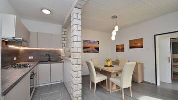 Apartment (A1) | Private kitchen | Fridge, microwave, oven, stovetop