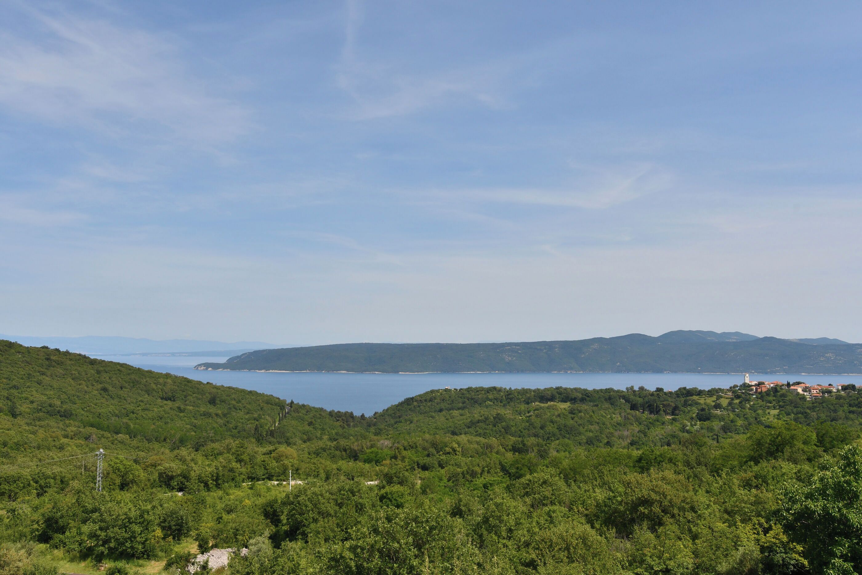 A lush green landscape with a body of water and distant hills.