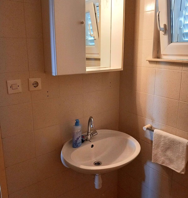 A bathroom with a sink, mirror, towel rack, and a window. - House Garma (Blato)
