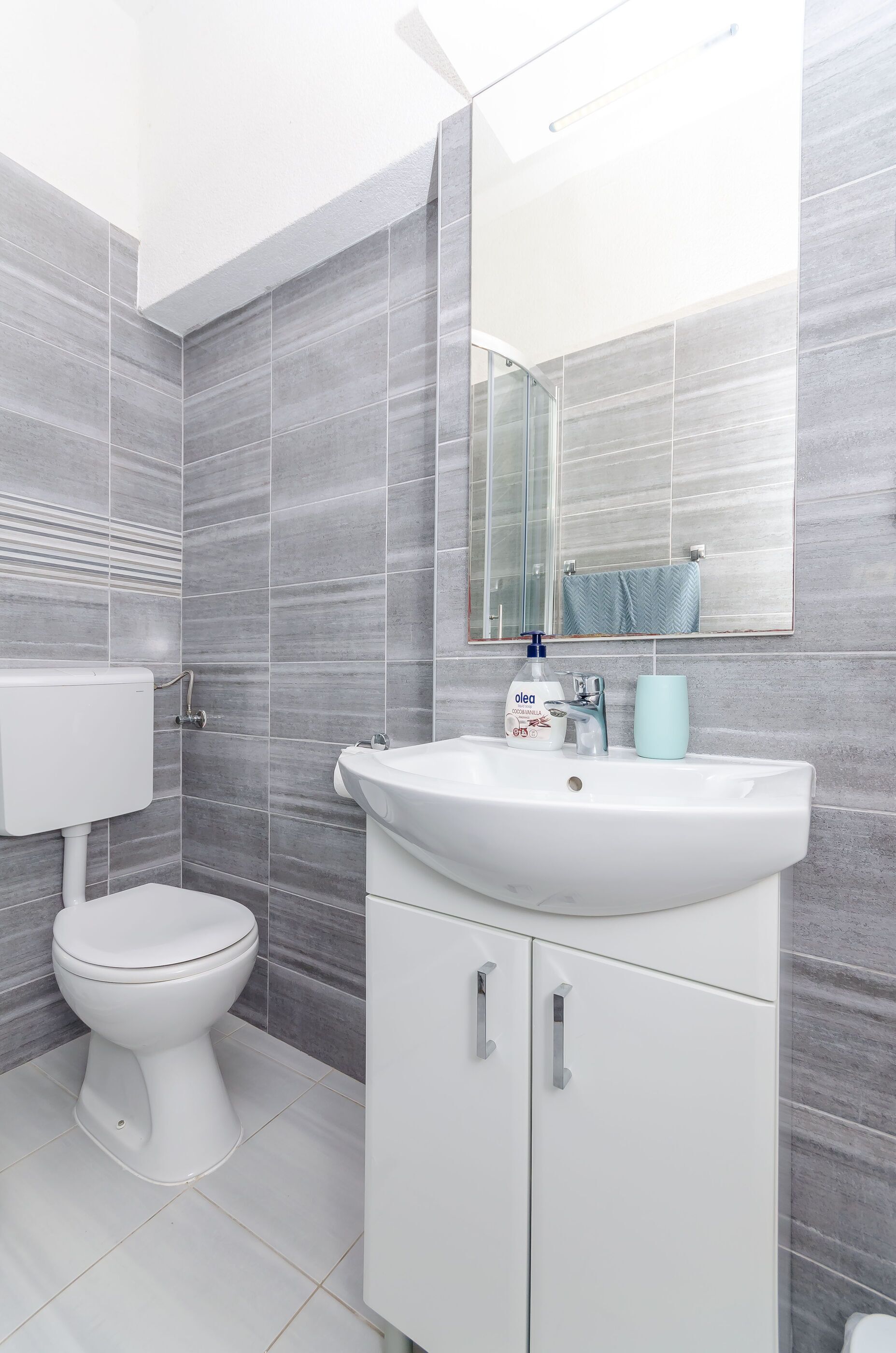 Une salle de bain moderne équipée de toilettes, d’un lavabo et d’un miroir.