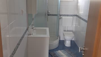 Apartemen (A2) | Kamar mandi | Shower, handuk, dan tisu toilet