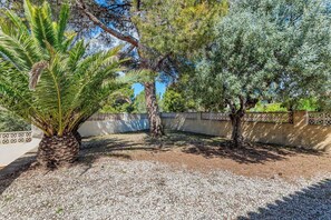 A garden with a palm tree, a pine tree, and a wall with a decorative pattern. - Villa Azur - Plusholidays (Calpe)