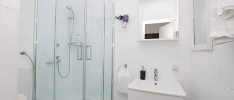 A modern bathroom with a glass-enclosed shower, a white sink, and a mirror above the vanity.