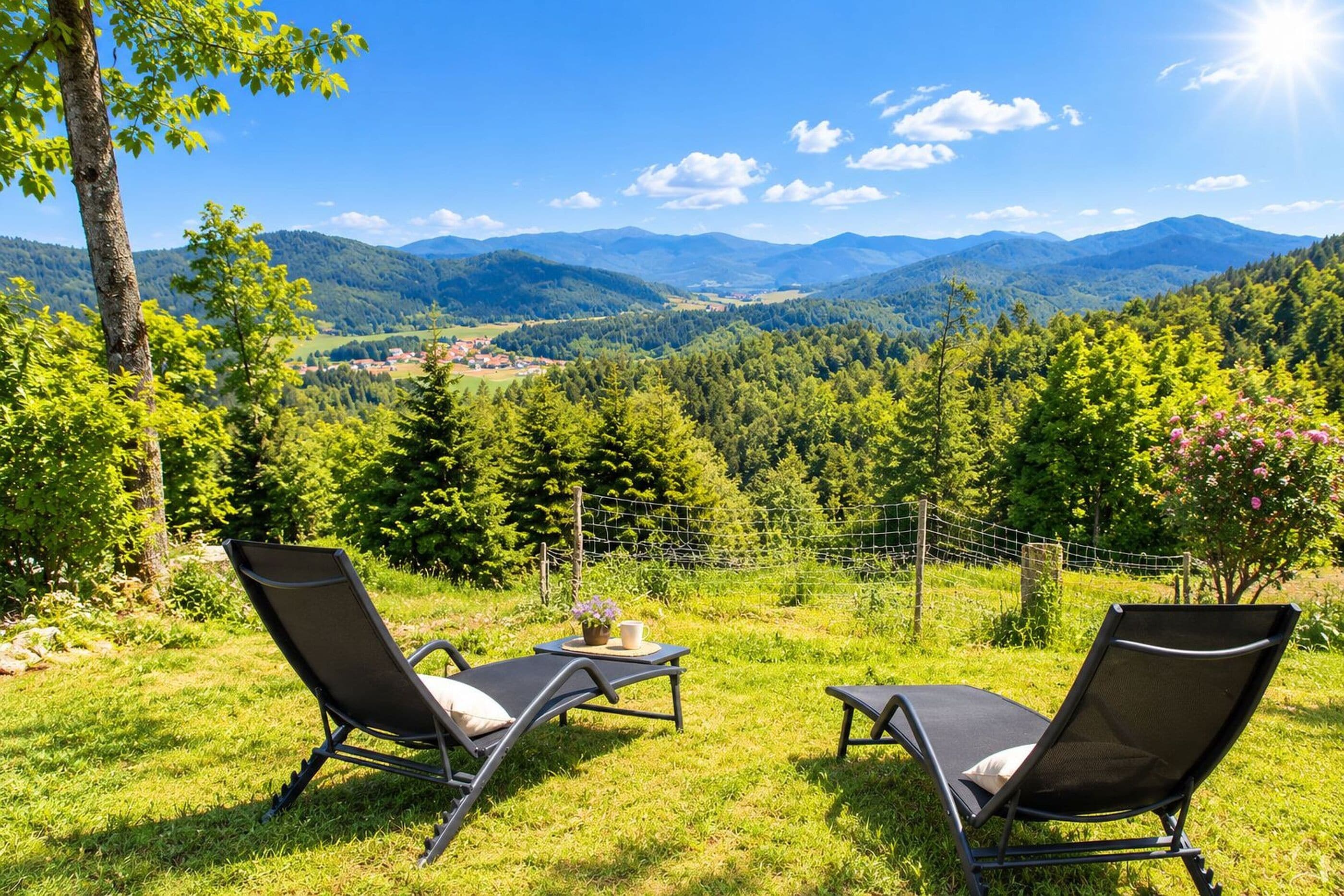 Two lounge chairs facing a mountainous landscape with a clear sky.