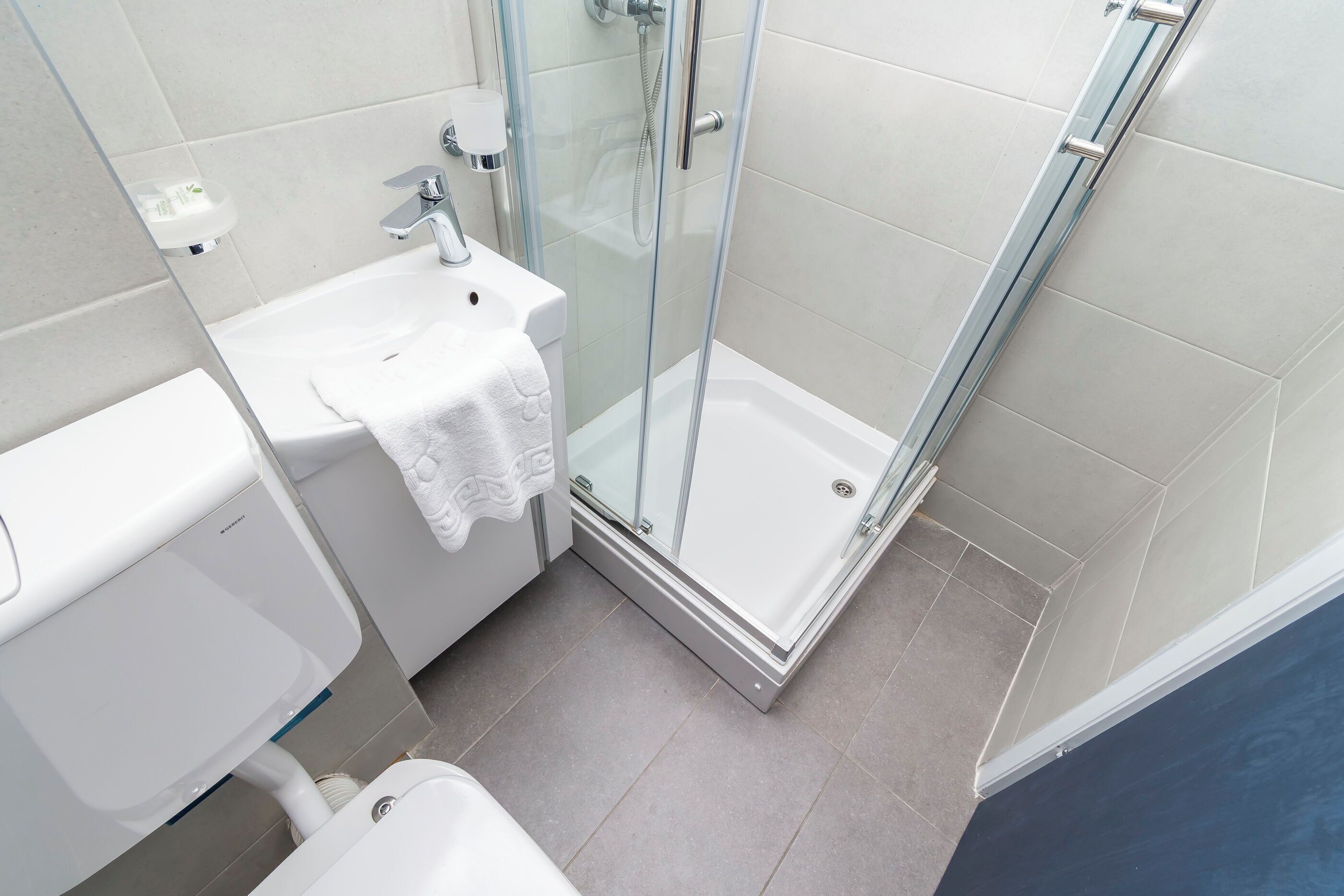 A modern bathroom with a glass-enclosed shower, a white sink, and a toilet.