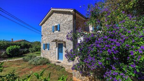 A stone house with blue shutters and a garden with purple flowers. - House Maja (Krk)