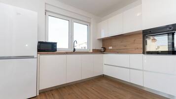 Apartment (A1) | Private kitchen | Fridge, microwave, oven, stovetop