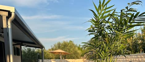 Outdoor pool, a heated pool, open open 24 hours, pool umbrellas